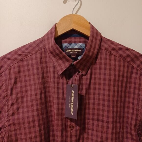 NWT JOHNSTON & MURPHY Button Down Shirt Burgundy Plaid Size M Work Business - Picture 2 of 8